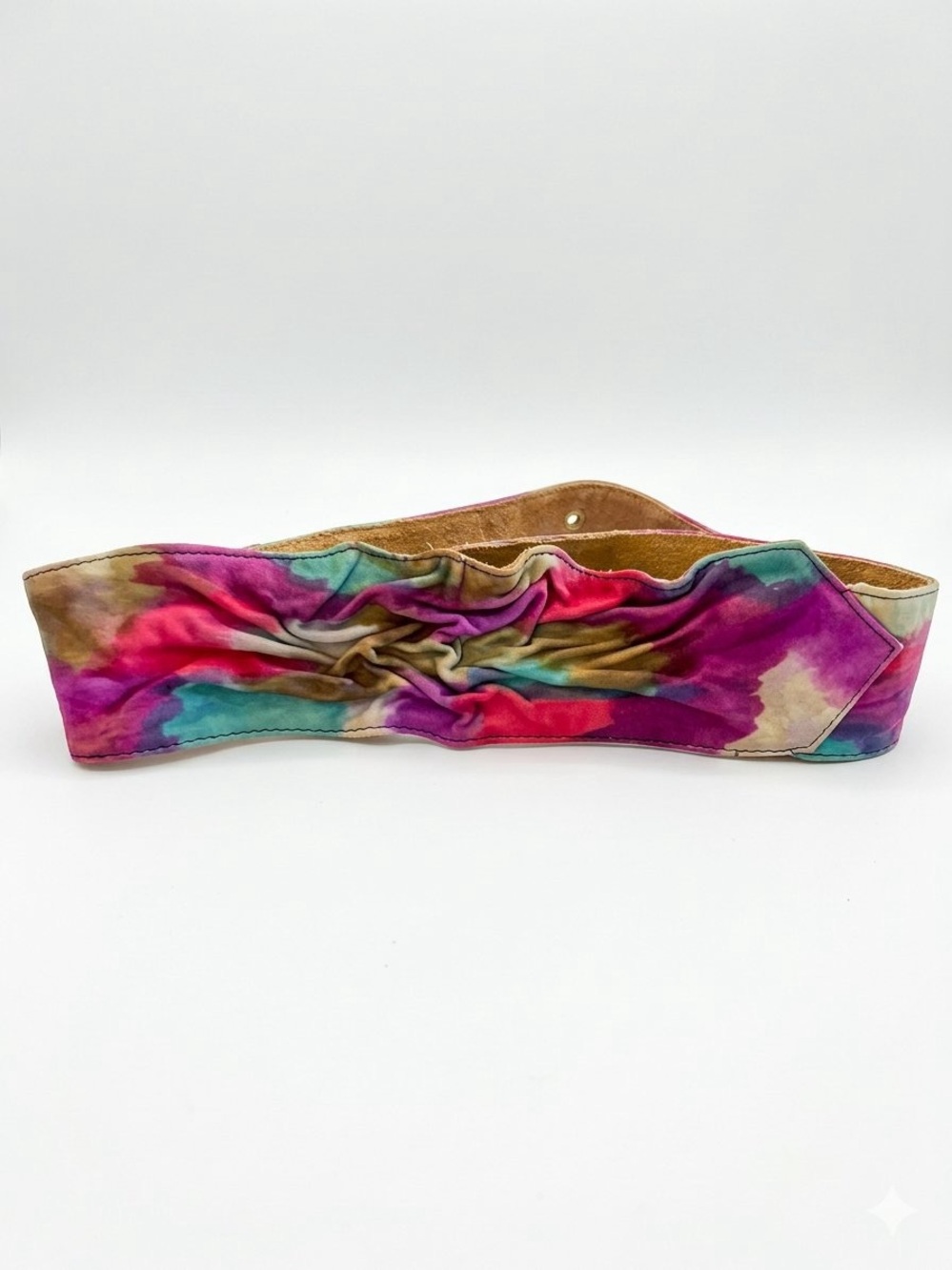 Rare Vintage Polish Leather Ruched Waist Cinch Belt Watercolor Tie Dye